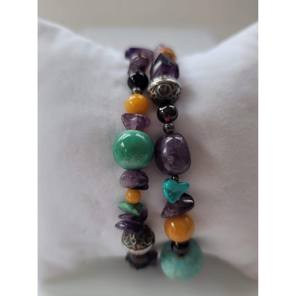 Multi Gemstone Double Strand Bracelet Amethyst Turquoise Garnet Toggle 8 Inch